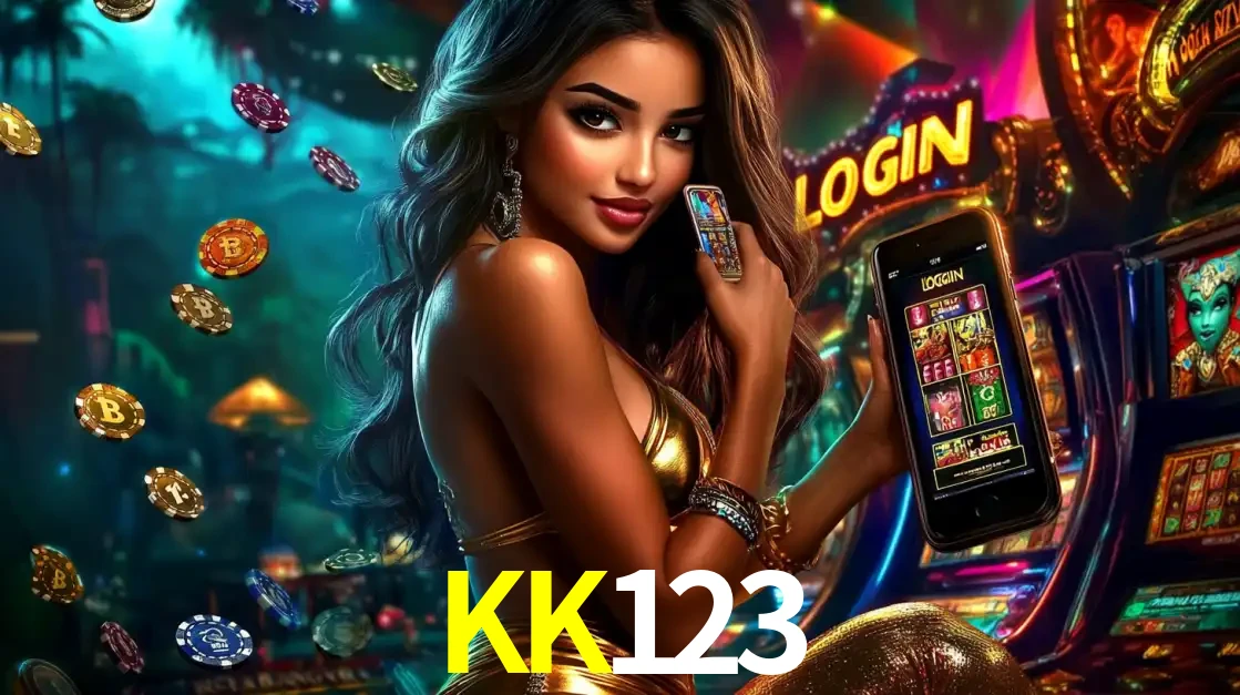 Mulher em um cenário de cassino temático de aventura, mostrando o app de caça-níqueis da KK123 no celular. Fichas de apostas flutuam ao redor.