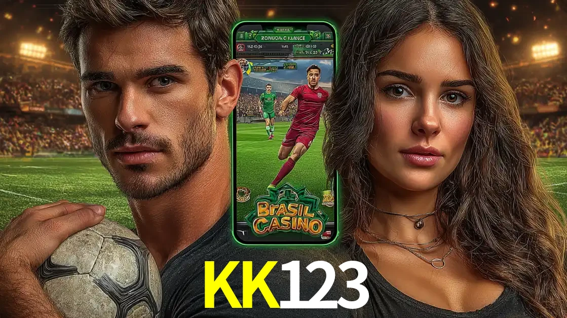 Homem segurando uma bola de futebol e uma mulher ao lado de um smartphone exibindo o jogo de apostas esportivas da KK123. Faça seu palpite no cassino online.